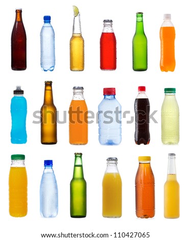 set with different bottles on white background