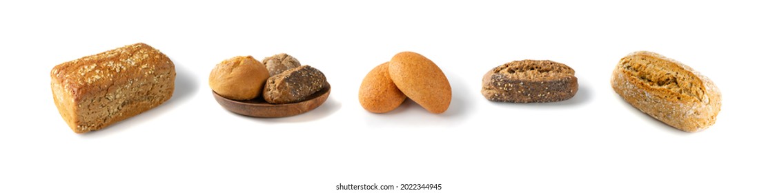 A set of different breads. Round buns of rye and wheat flour with seed mix, small round brown bread rolls, white gluten free bread roll isolated