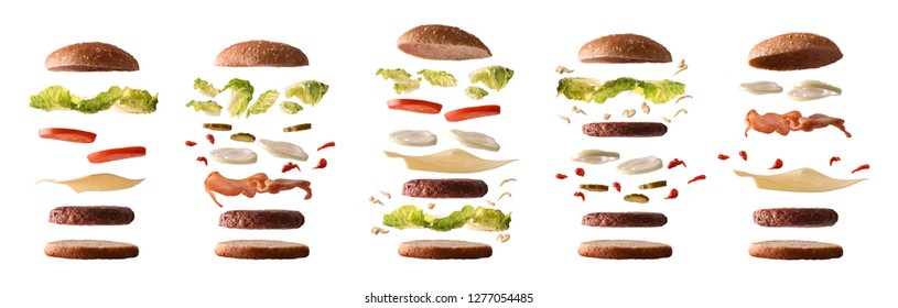 Reihe verschiedener Burger mit Zutaten, die durch Schichten auf weißem, isoliertem Hintergrund getrennt sind. Vorderseite. Horizontale Zusammensetzung.