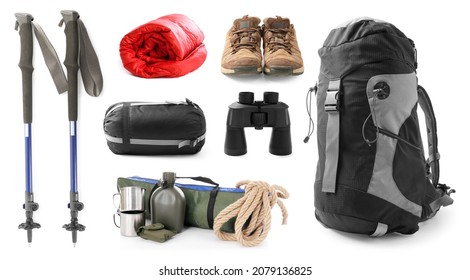 Set with different camping equipment on white background - Powered by Shutterstock