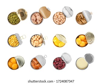 Set Of Different Canned Food On White Background, Top View