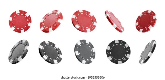 Set with different casino chips on white background. Banner design