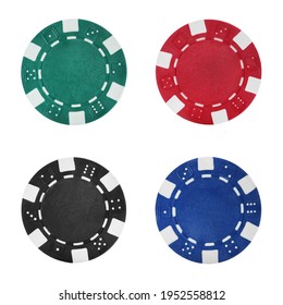Set with different casino chips on white background, top view 