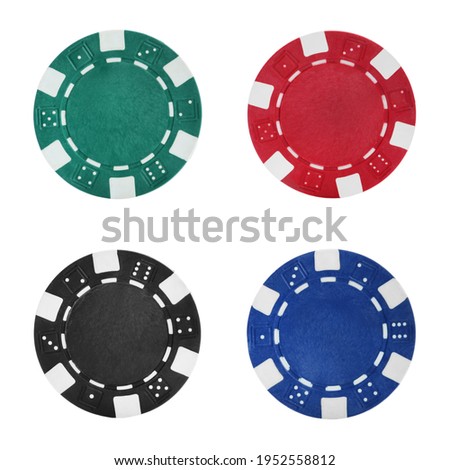 Set with different casino chips on white background, top view 