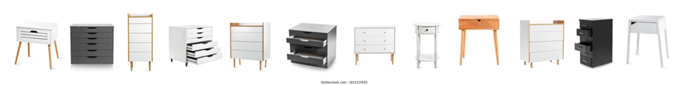 Set of different chest of drawers on white background