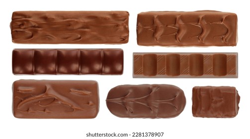 Set of Different Chocolate Bars, top view, isolated on white background