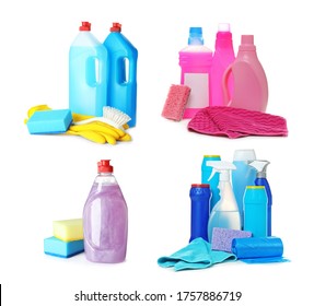 Set With Different Cleaning Supplies On White Background