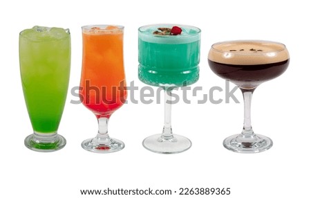 Set with different cocktails and strong drinks on a white background