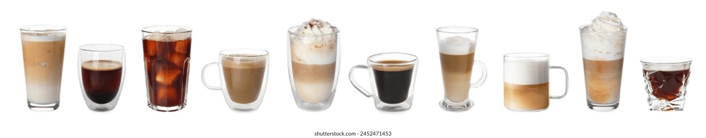 Set of different coffee drinks drinks in cups and glasses on white background - Powered by Shutterstock