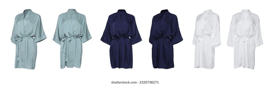 Set of different color silk bathrobes on white background