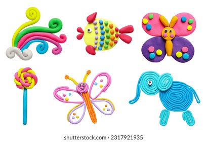 Set with different colorful child's crafts of plasticine on white background, top view