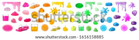 Set of different colorful slimes on white background. Antistress toy 