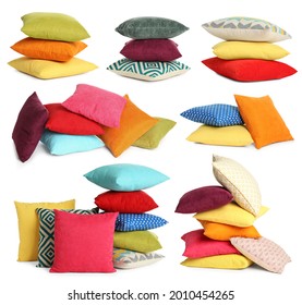 Set with different colorful soft pillows on white background 