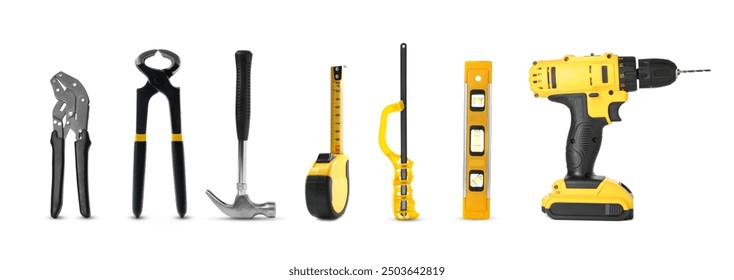 Set of different construction tools on white background