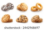 Set of different cookies isolated on white background. Chocolate chip, sugar cookies, chocolate biscuits, butter cookies set, ring biscuit, collection isolated. Assortment of many biscuits collection.