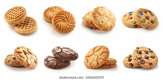 Set of different cookies isolated on white background. Chocolate chip, sugar cookies, butter cookies, set collection isolated. Different varieties of biscuits closeup set.