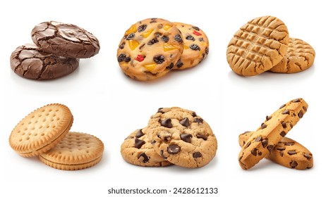 Set of different cookies isolated on white background. Chocolate chip, sugar cookies, butter cookies, set collection isolated. Different baked biscuits set collection. - Powered by Shutterstock