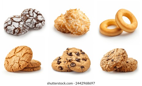 Set of different cookies isolated on white background. Chocolate chip, sugar cookies, chocolate biscuits, butter cookies set, ring biscuit, collection isolated. Assortment of many biscuits collection.