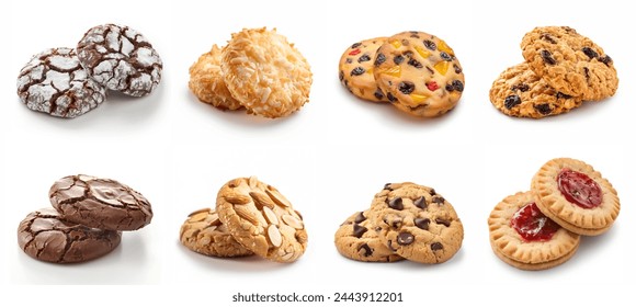 Set of different cookies isolated on white background. sandwich biscuits, strawberry jam cookies, coconut cookie, red velvet cookies, pistachio biscuits. Various types types of fresh baked cookies. 