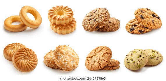 Set of different cookies isolated on white background. Chocolate chip, sugar cookies, ring, butter cookies, set collection isolated.