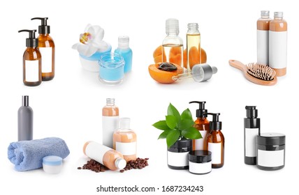 Set Of Different Cosmetic Products On White Background