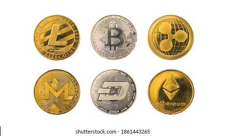 Set of different crypto coins on white background, digital currency.