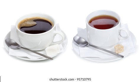 Set With Different Cups Of Coffee And Tea On White Background