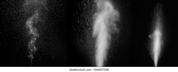 Set of different curly white steam and splashing water splashing isolated on black background. Abstract background, design element. Evaporation of liquid and condensation.
