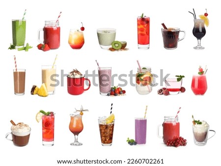 Set with different delicious beverages on white background