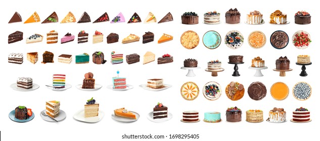 Set of different delicious cakes isolated on white. Banner design 
