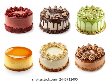 Set of different delicious cakes isolated on white background. Chocolate cake, red velvet, vanilla, pistachio cake. Many flavors of cakes set collection. cheese cake Birthday cakes collage set. - Powered by Shutterstock