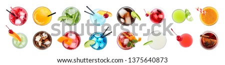 Set of different delicious cocktails on white background, top view 