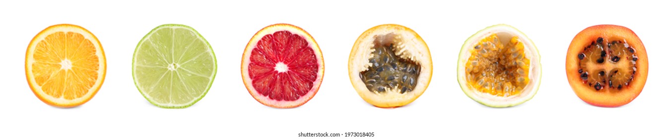 Set with different delicious cut exotic fruits on white background. Banner design - Shutterstock ID 1973018405