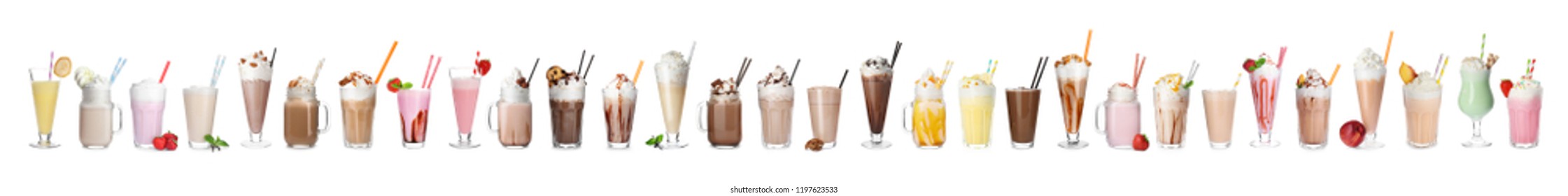 Set with different delicious milk shakes on white background - Shutterstock ID 1197623533