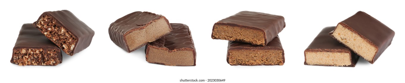 Set With Different Delicious Protein Bars On White Background. Banner Design