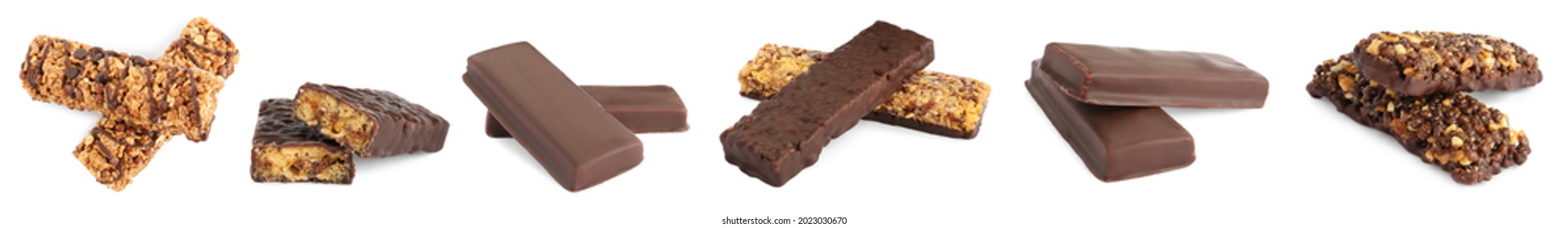 Set With Different Delicious Protein Bars On White Background. Banner Design