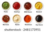 Set of different dip sauces top view. Bowls of many dipping sauces isolated on white background. pesto, ketchup, bbq sauce, mustard, marinara sauce, ranch, romesco, soy sauce. Different sauces set.