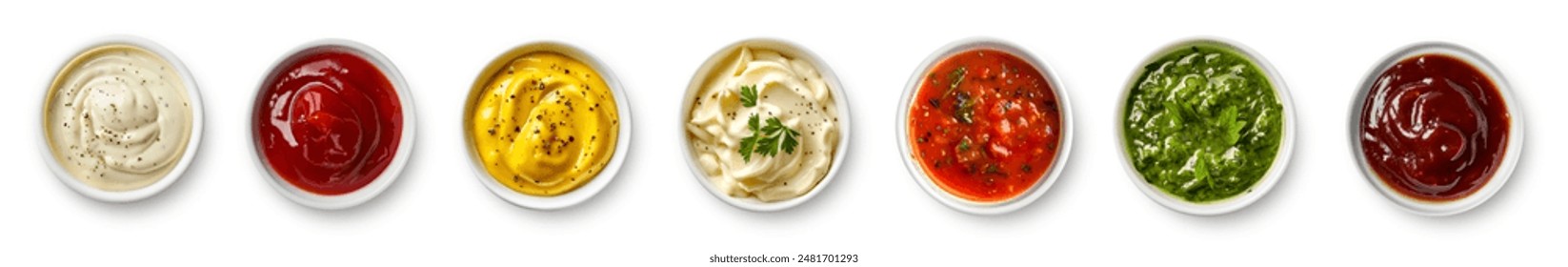 Set of different dip sauces top view. Bowls of many dipping sauces isolated on white background. pesto, ketchup, bbq sauce, mustard, marinara sauce, ranch, romesco, soy sauce. Different sauces set.