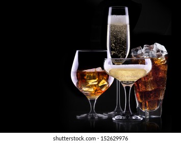 Set With Different Drinks On Black Background - Champagne,cola,cocktail,wine,brandy,whiskey,scotch,vodka,cognac