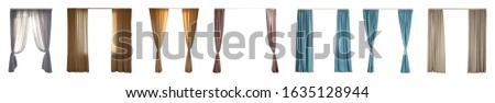 Set with different elegant curtains on white background. Banner design 