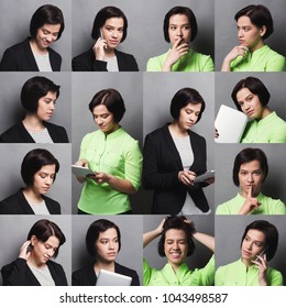 Set Of Different Emotions Of Business Woman In Formal Suit. Young Female Employee Using Gadgets And Grimacing On Camera. Happy, Smiling, Playful And Serious Portraits