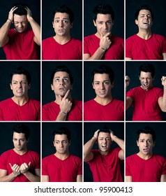 Set Of Different Expressions Of The Same Man On Dark Background.