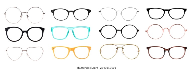 Set with different eyeglasses isolated on white - Shutterstock ID 2340519191