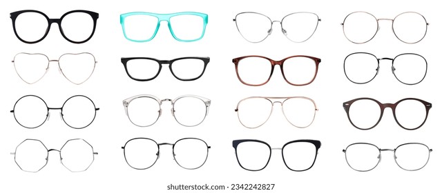 Set with different eyeglasses isolated on white - Shutterstock ID 2342242827