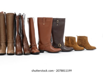 Set Of Different Female Leather Boots  On White Background