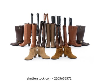 Set Of Different Female Leather Boots  On White Background