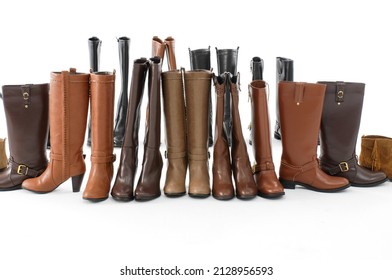 Set Of Different Female Leather Boots  On White Background