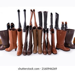 Set Of Different Female Leather Boots  On White Background