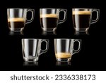 Set of different filled transparent glass mugs with espresso coffee on black background with clipping path.