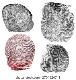 Set of different fingerprints pattern isolated on a white background. Black and red ink thumbprints.